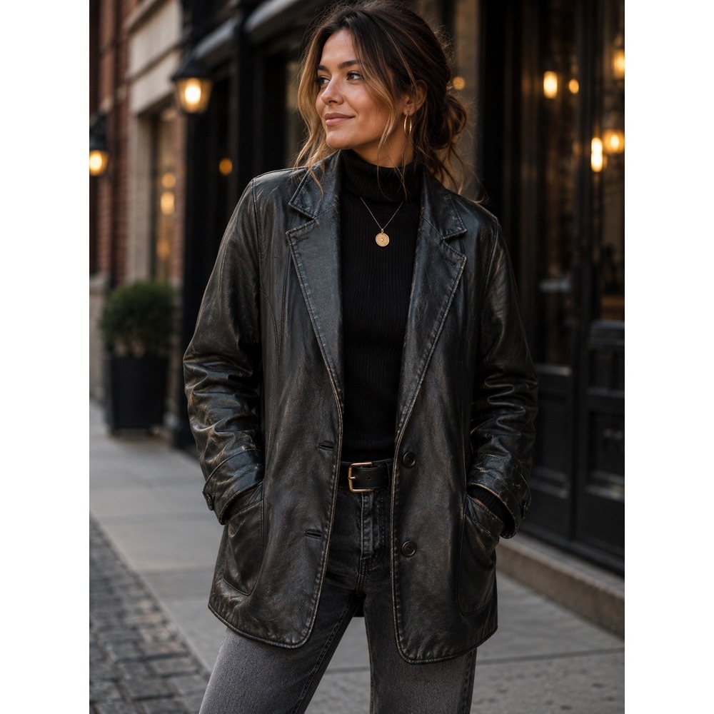 VTG Preston & York Black Leather Blazer Jacket Two Button Womens Small